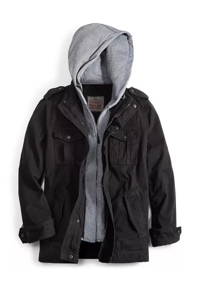 Levis Black Sherpa Lined Hooded Denim Trucker Military Jacket Men's Large