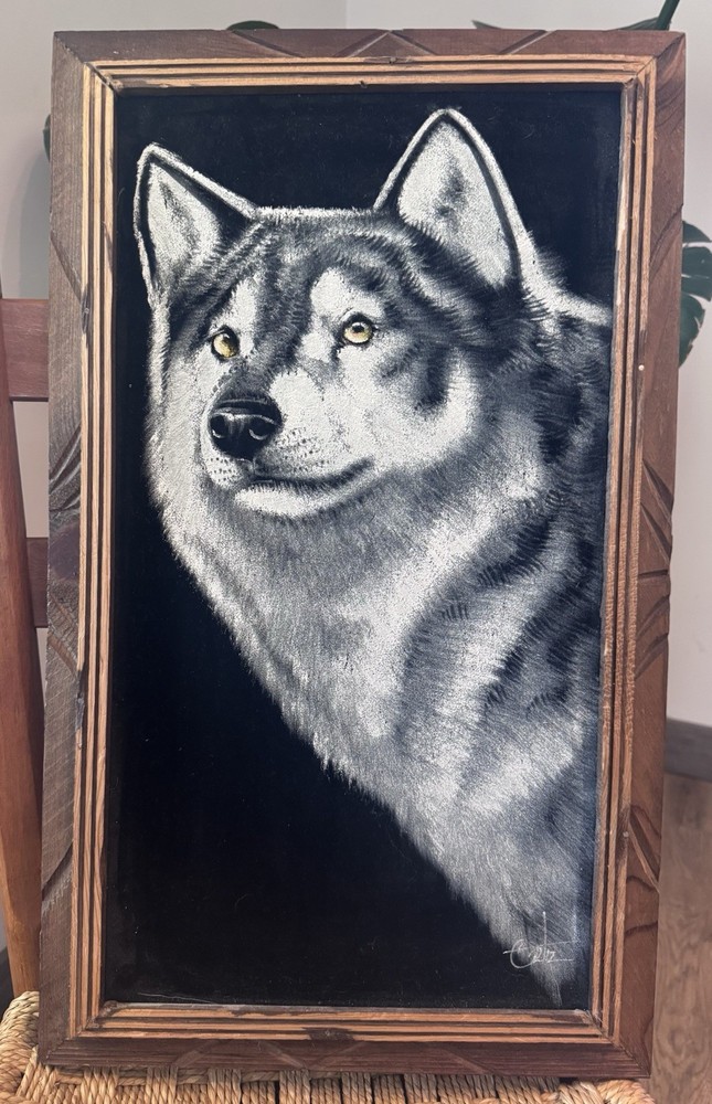 Vintage MCM Velvet Wolf Painting Ortiz Signed Framed Art Wood Frame Mexico Folk