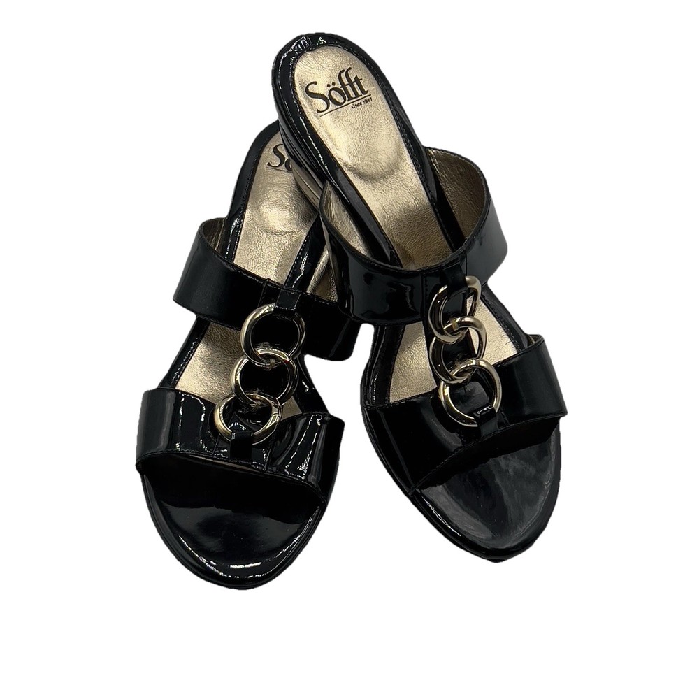 Sofft Womens Sz 10 M Ibiza Black Patent Leather Slide on Sandal Gold Link Accent
