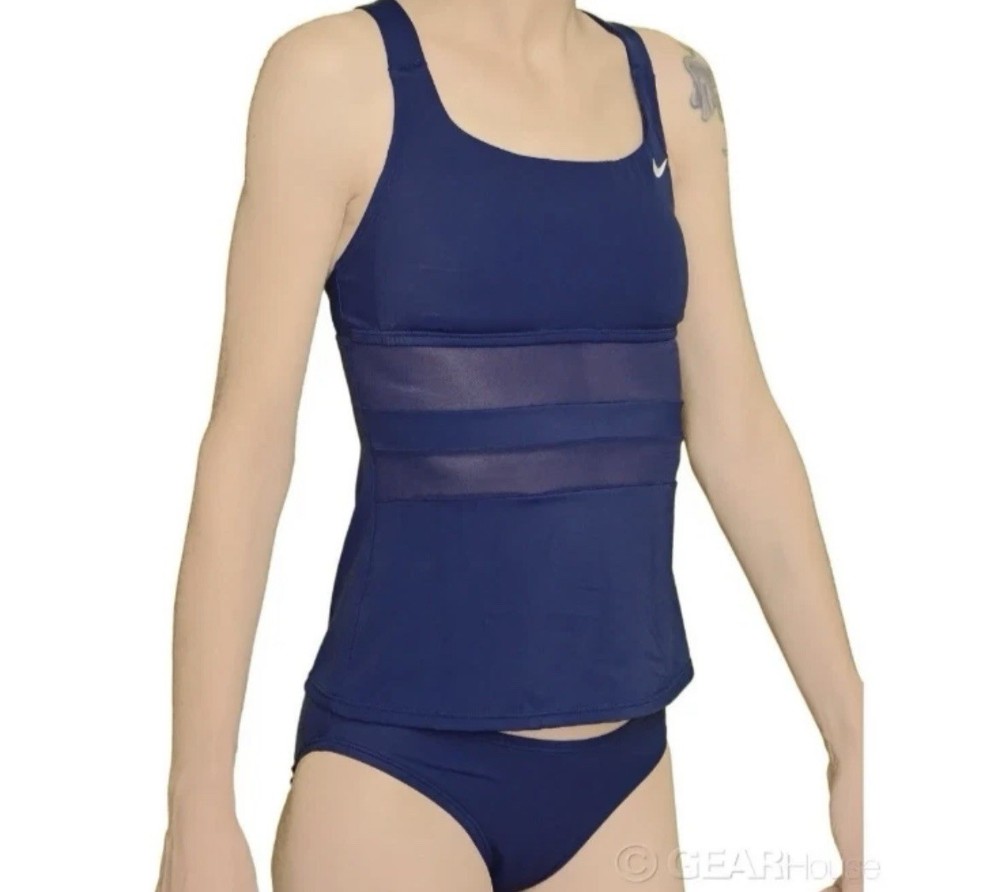 Nike 2-Piece Tankini Swimsuit Set Mesh Solid Edge Navy Blue Size: S NESS9366