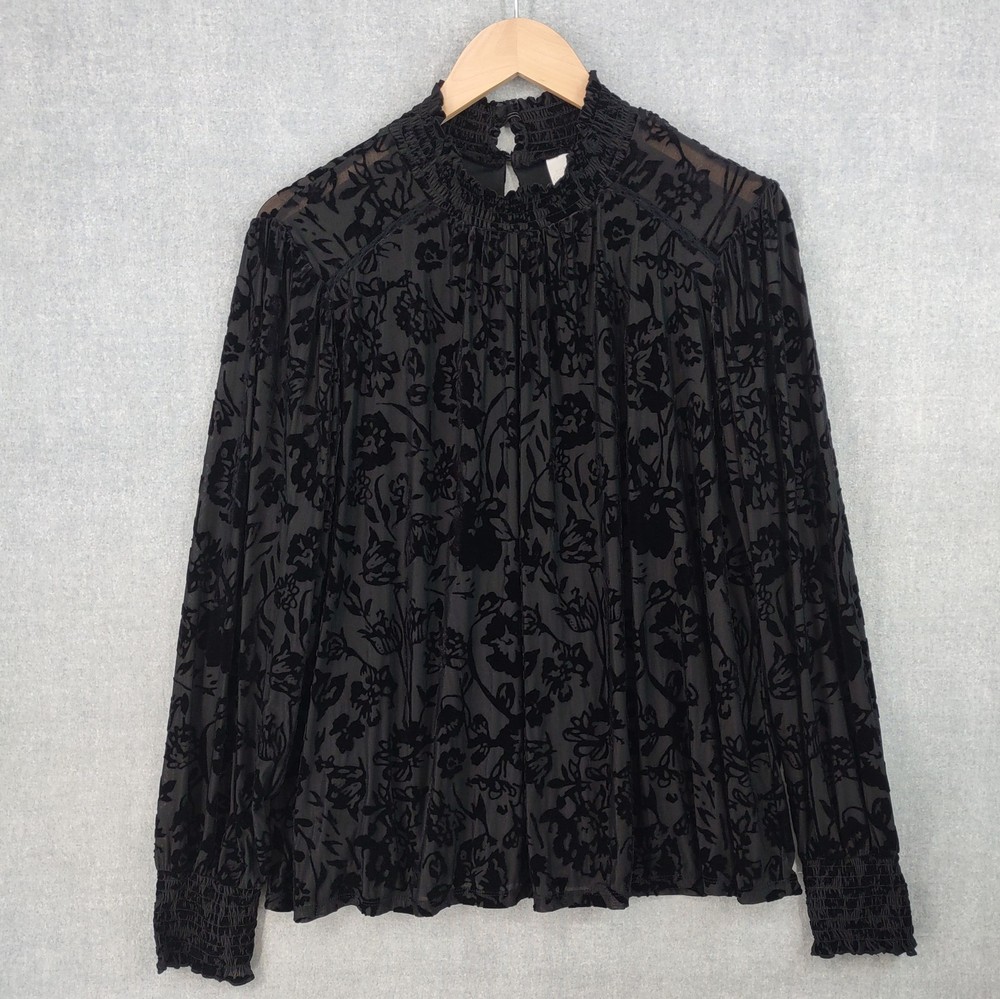 Knox Rose Top Womens Medium Black Sheer Velvet Burnout Floral Long Sleeve Boho