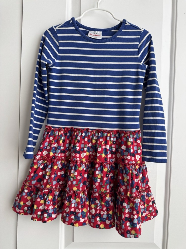 Hanna Andersson Dress 110 US 5 Girls Striped Floral Tiered Skirt Cotton Navy Red