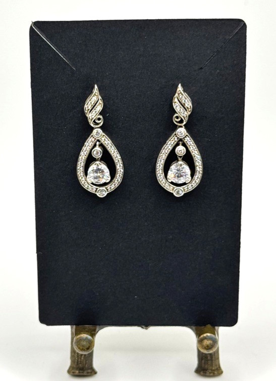 Vintage 925 Sterling Silver Teardrop Dangle Earrings CZ Pavé Open Drop Scroll