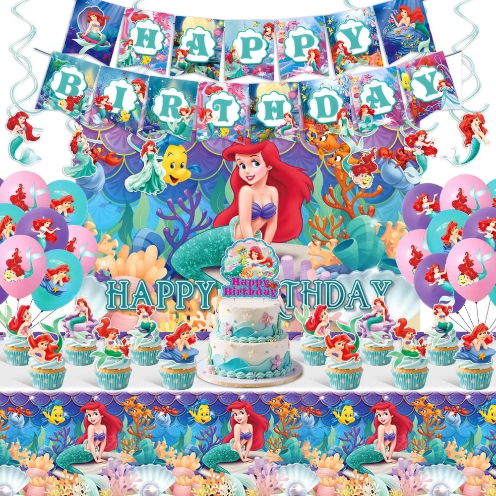 Ariel Birthday Party Supplies, Party Decorations Set Include Banner, Backdrop...