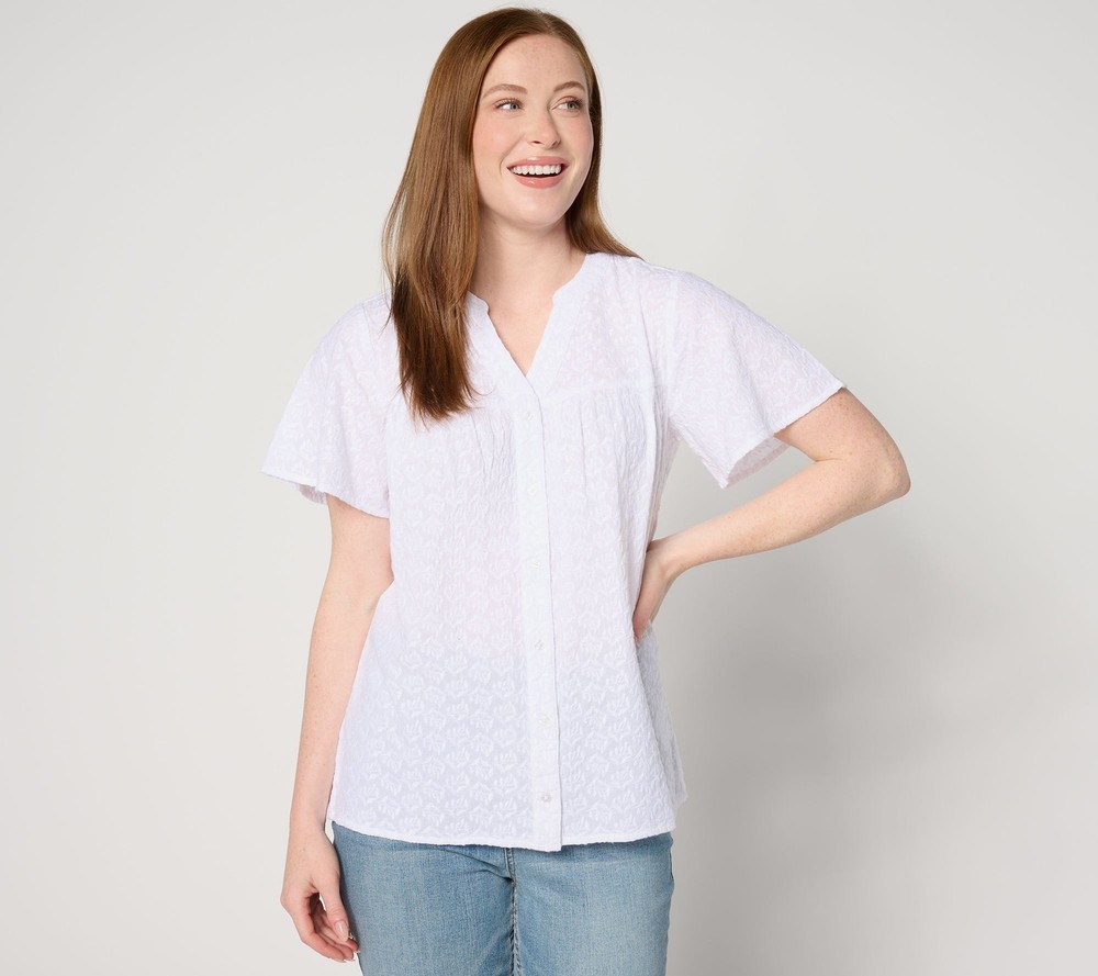 Denim & Co. Women's Top Plus Sz 3X Adaptive Allover Embroidered White A642659