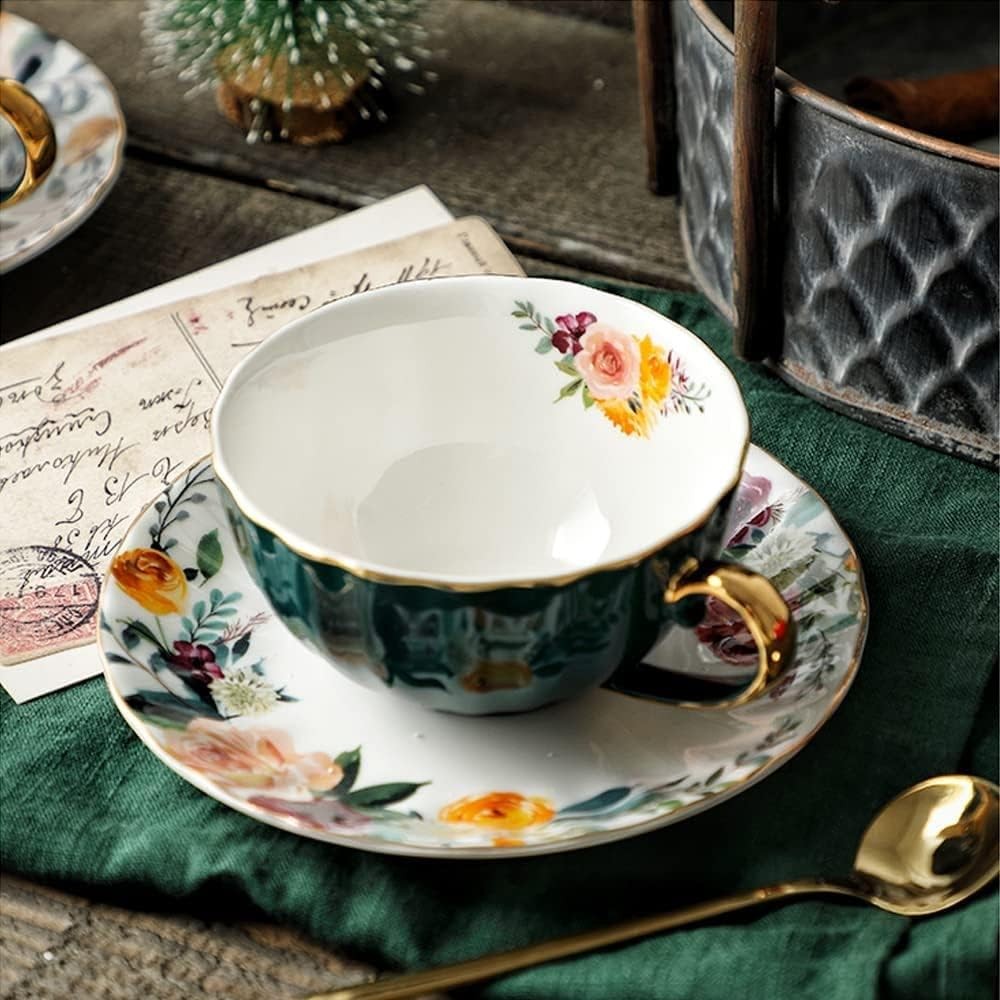 Tea Cup and Saucer Set for 1 Bone China Floral Teacup with Spoon 8 oz Coffee Cup