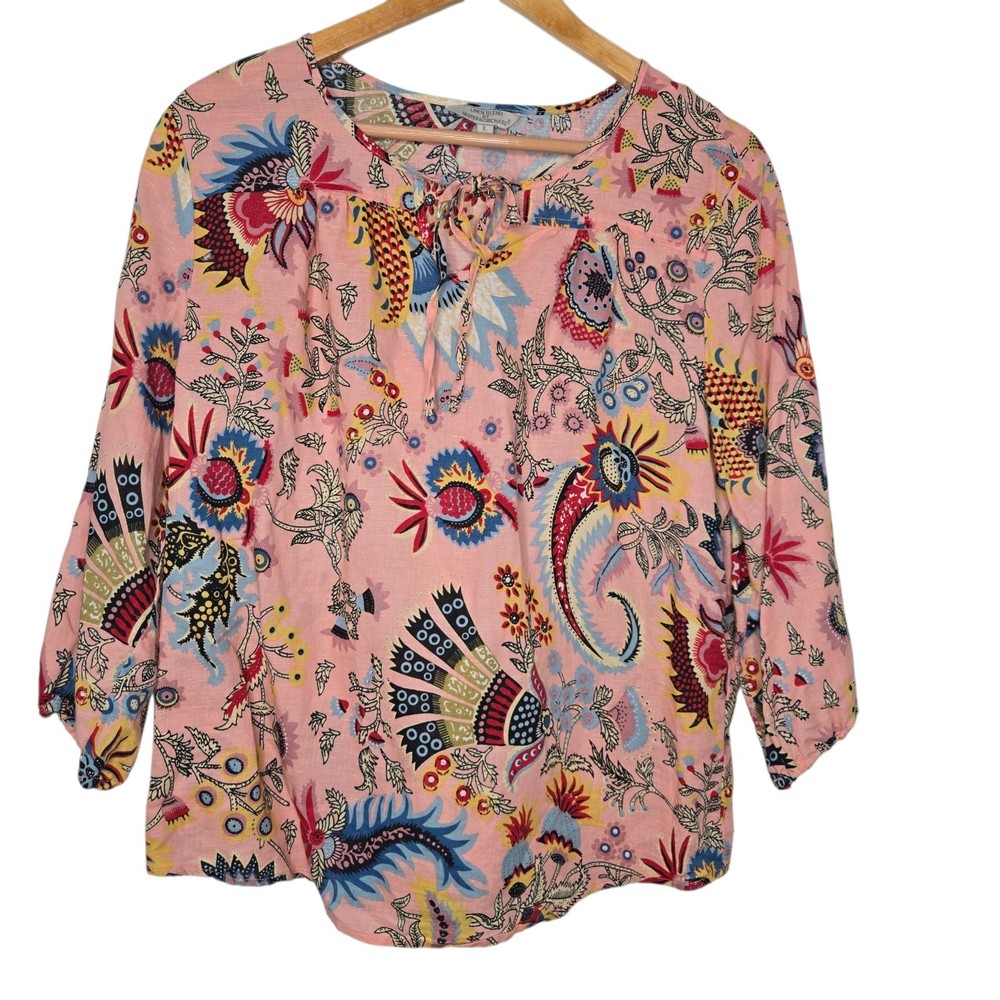Hester & Orchard Womens Pink Colorful  Floral Print Linen Peasant Blouse Large