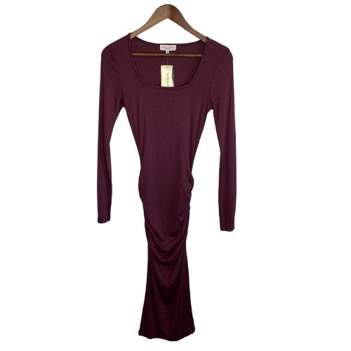 Evereve Michael Stars Women Long Sleeve Midi Dress Size XS Burgundy Ribbed Knit