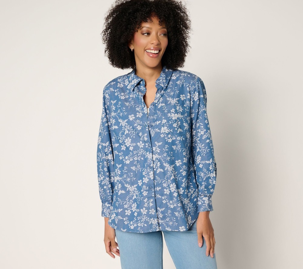 Joan Rivers Classics Collection Women's Top Sz M Cotton Chambray Blue A688997