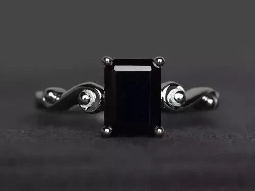 2Ct Emerald Cut Lab Created Black Diamond Engagement Ring 14K White Gold Plated