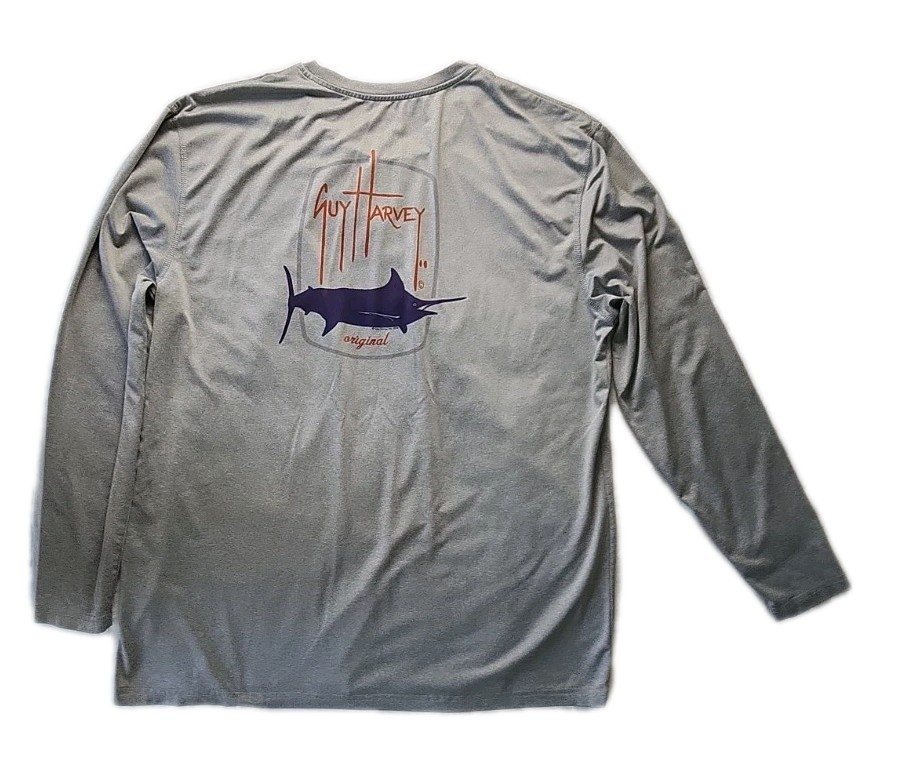 Guy Harvey Men's Large Barrel Logo Long Sleeve Gray Fishing Shirt Quick Dry EUC