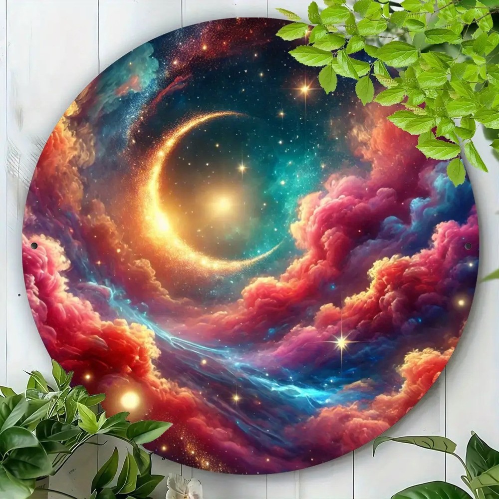 Crescent Moon and Stars Round Metal Wall Decor Celestial Theme