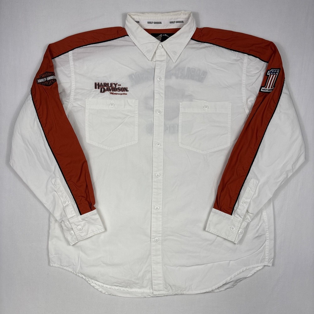 Harley Davidson Button Up Men's XL White Embroidered Motorcycles Pocket Shirt