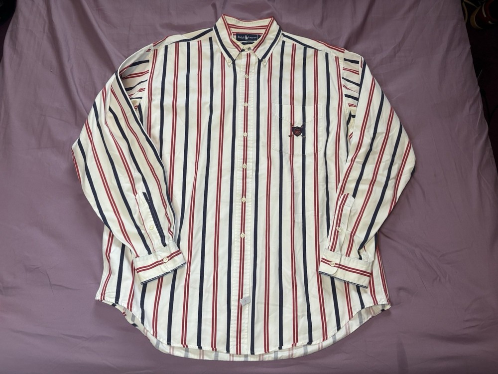 Polo Ralph Lauren Button Down Shirt Mens XL White Red Blue Striped Crest Logo
