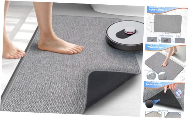 Upgraded Thin Super Absorbent Grey Bath Mat 17x27 for Modern Bathrooms