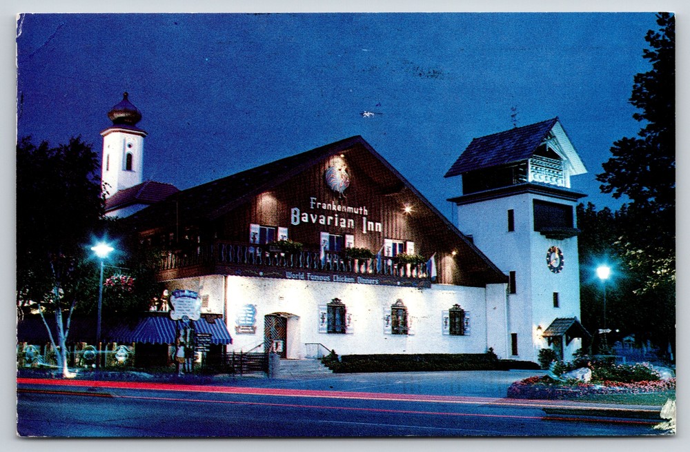 Roadside~Frankenmuth MI~Frankenmuth Bavarian Inn Night Lights~Vintage Postcard