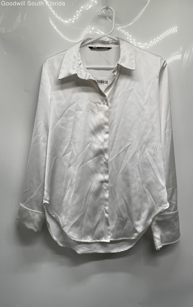 Zara Womens White Long Sleeve Collared Button-Up Shirt Size Small