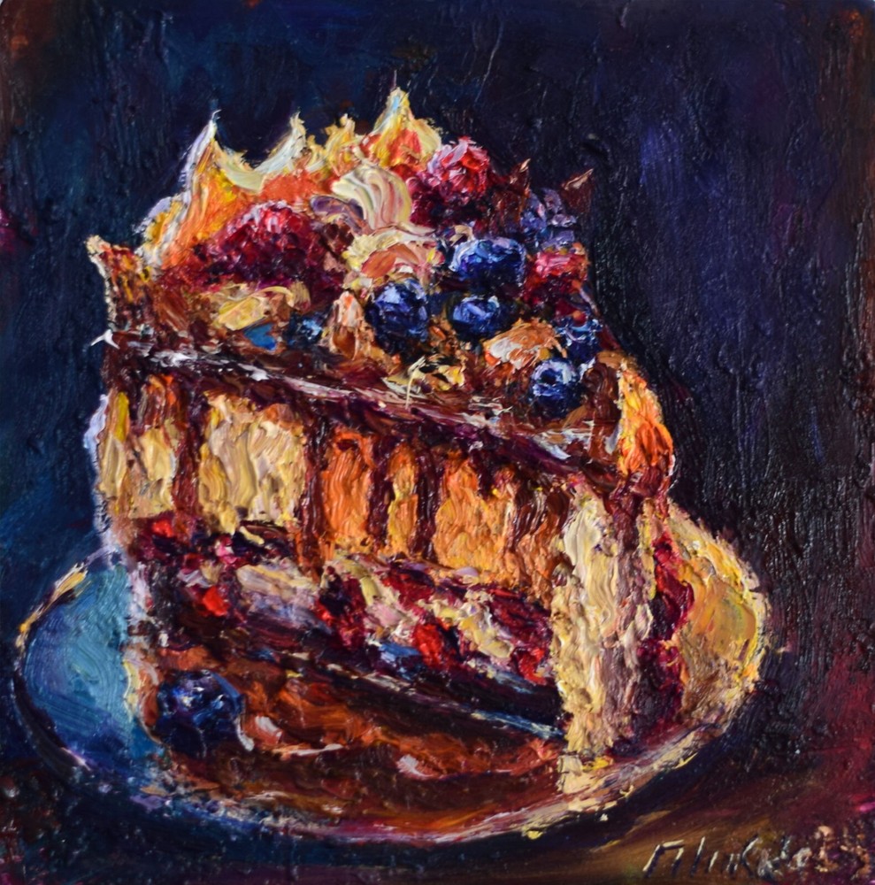 Impressionist Still Life Art of Blueberries Raspberries and Whipped Cream Dessert