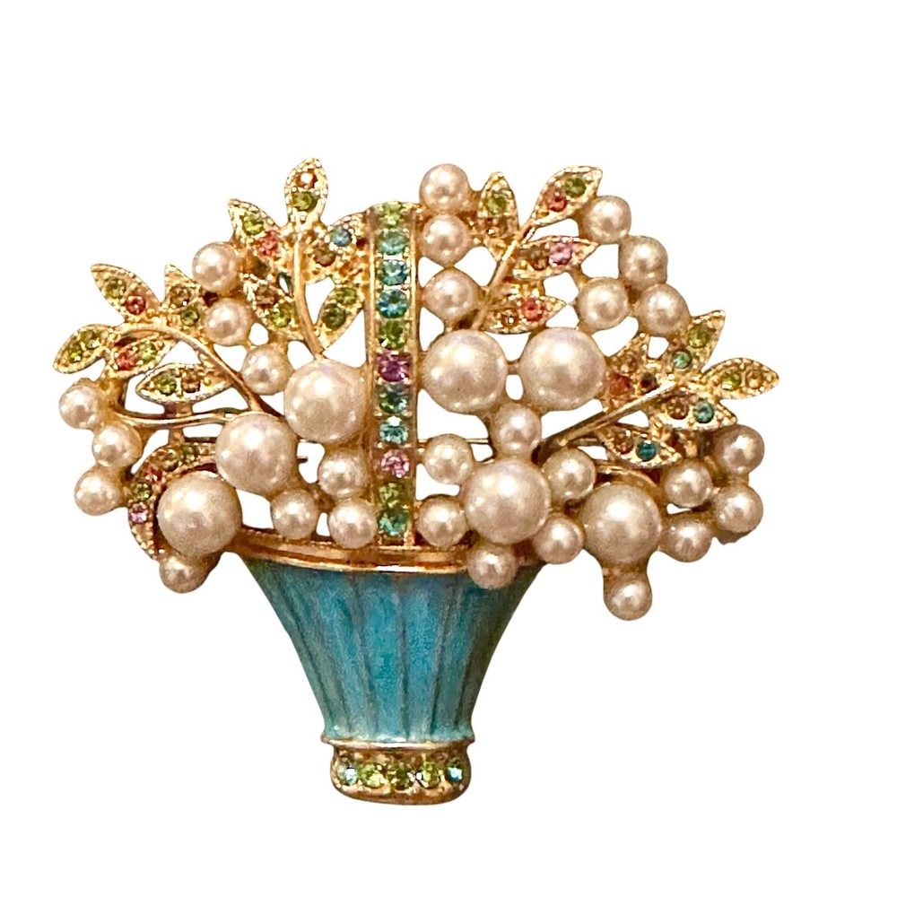 Brooch/Pin Basket Of Faux Pearls & Pink & Green Rhinestones Spring & Summer