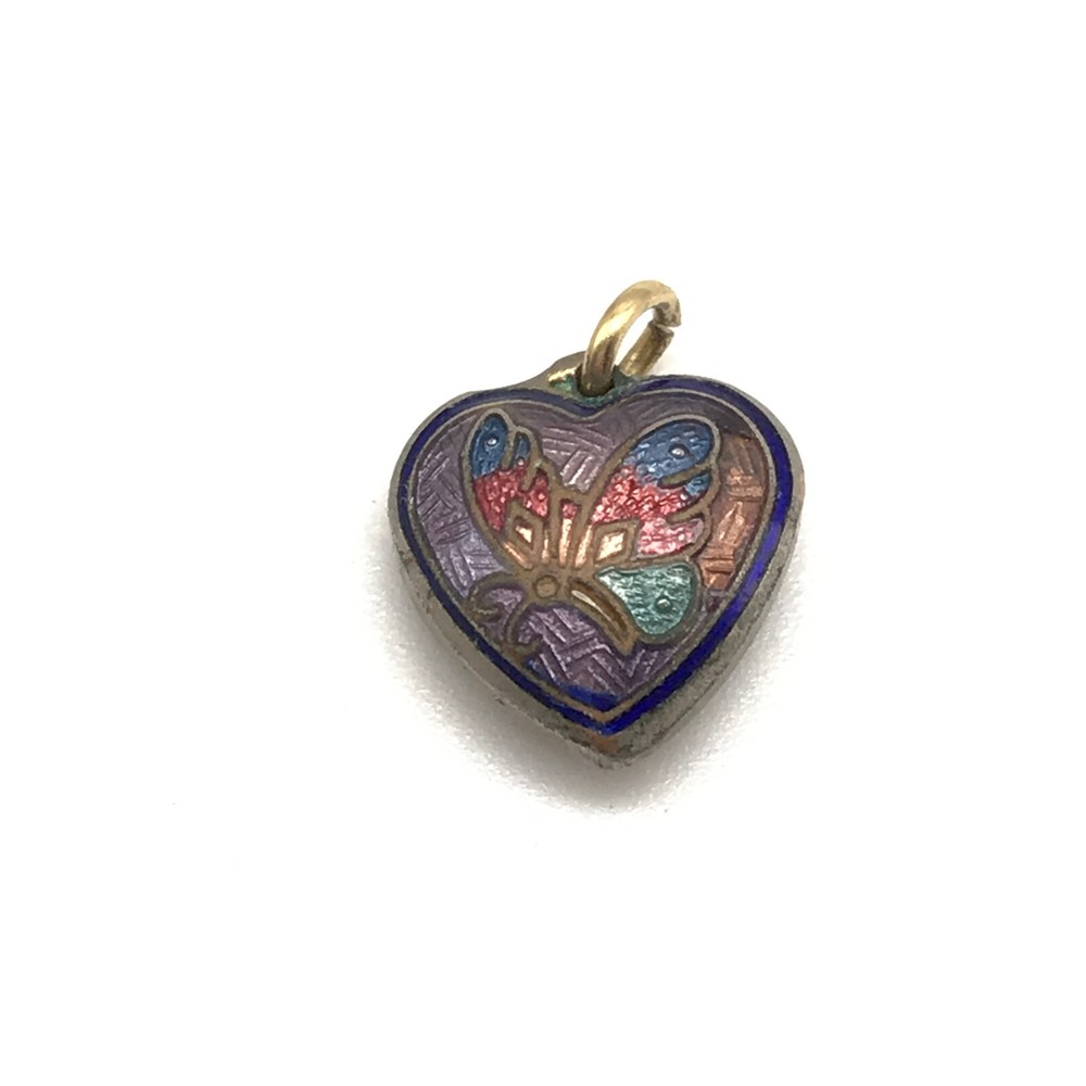 Vintage Multicolor Enameled Butterfly Small Petite Puffy Heart Charm Pendant