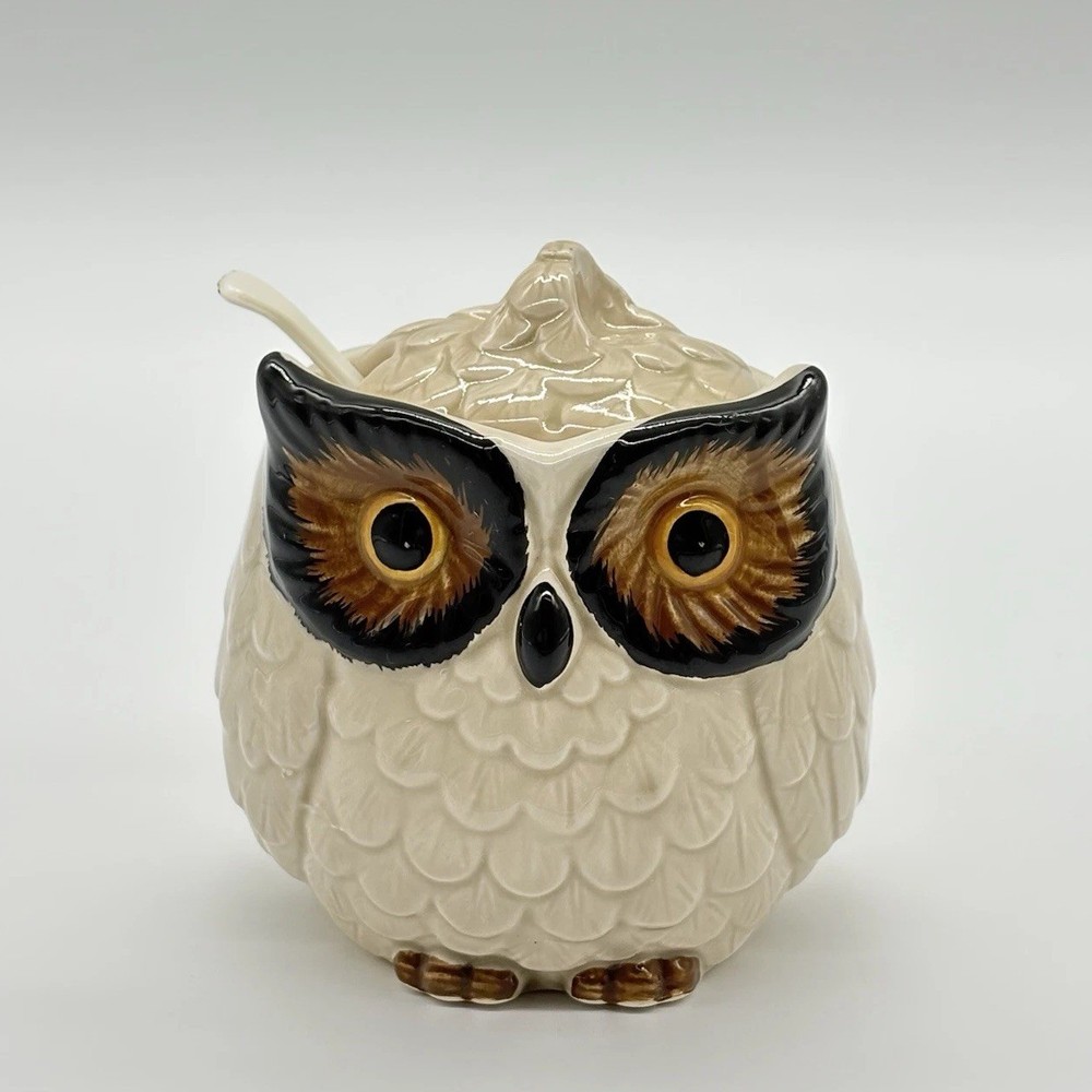Vintage Ceramic Owl Sugar Bowl/mustard Pot With Lid & Spoon Japan
