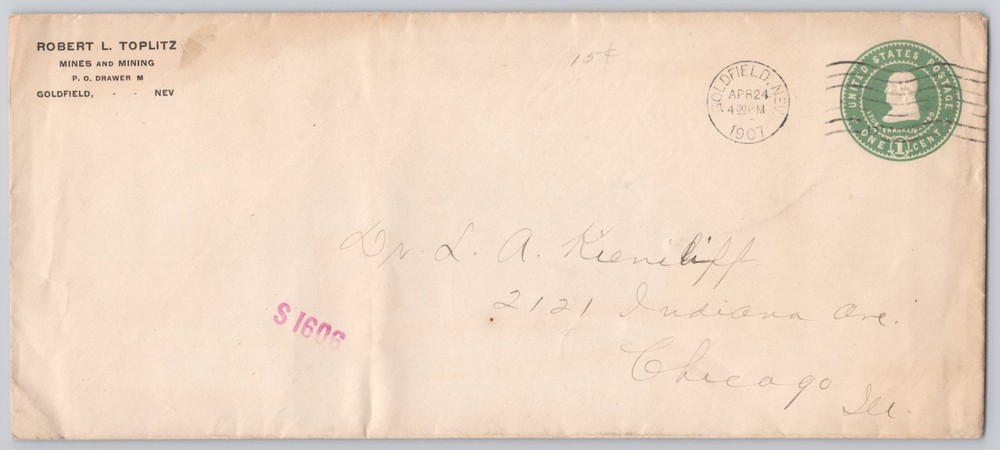 Goldfield, Nevada, Mines & Mining Co. letterhead cover to Chicago, 1¢ — 1907