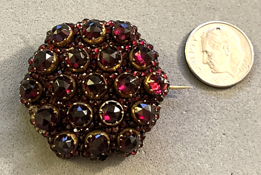 Vintage Victorian Bohemian Rose Cut Garnet Gold Filled Pin Brooch 12g READ
