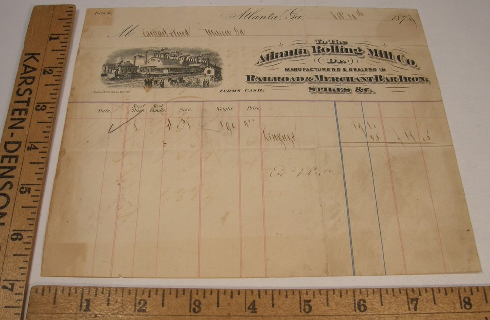 Antique 1875 Illust Billhead Atlanta Rolling Mill Co Rr & Merchant Iron Spikes