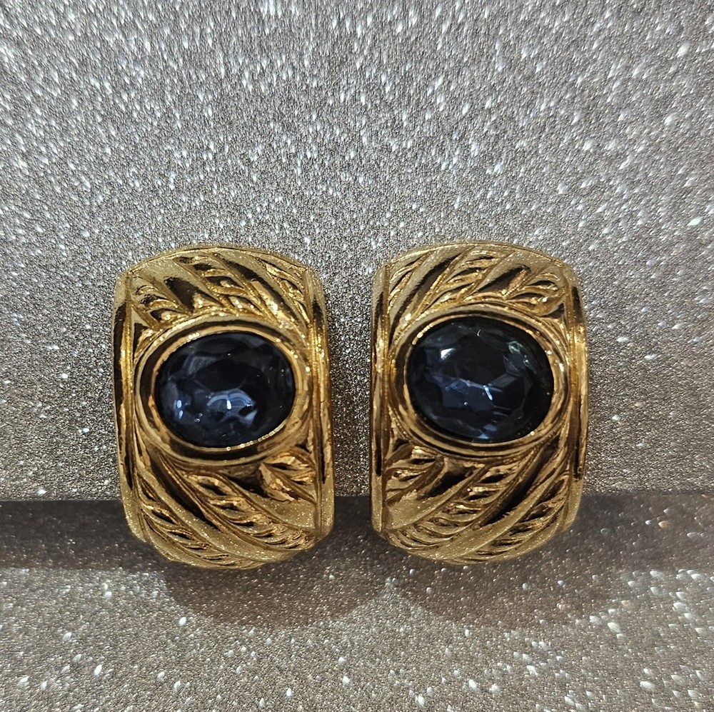 Gorgeous Christian Dior Gold Tone Clip On Earrings Faux Lapis Lazuli Gem. Row...
