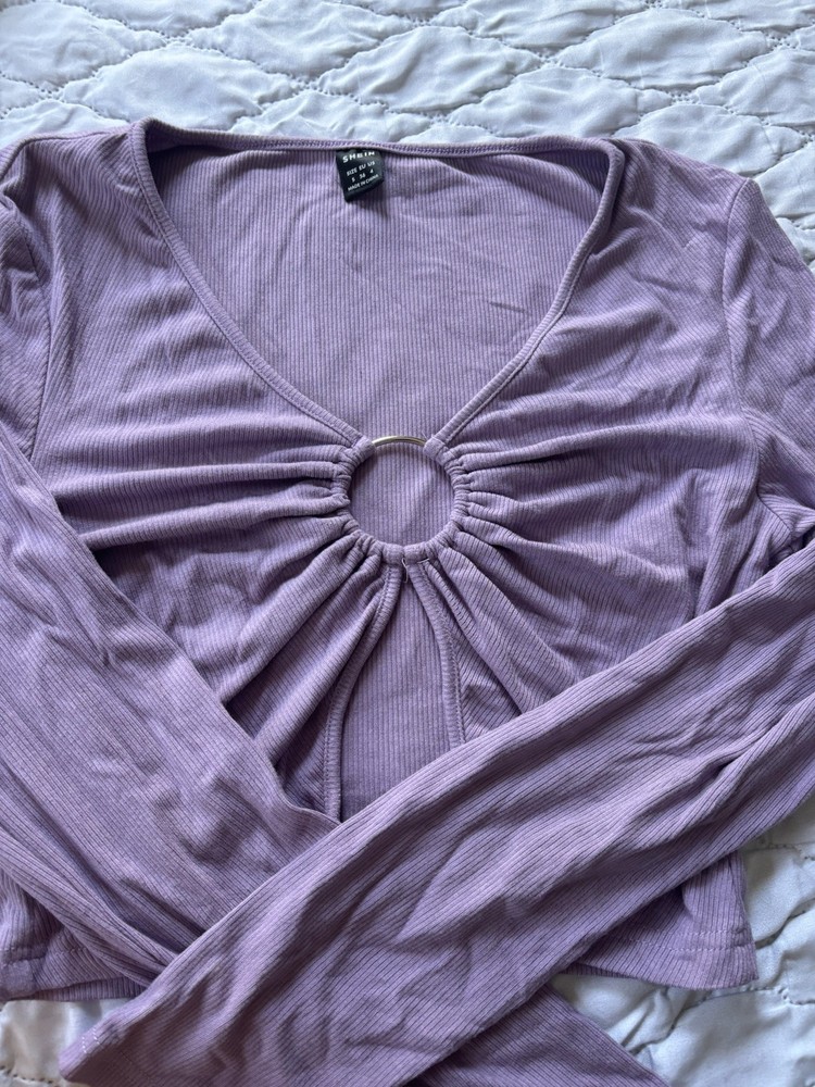 SHEIN Purple Ribbed Knit Ring Front Cutout V-Neck Long Sleeve Top S