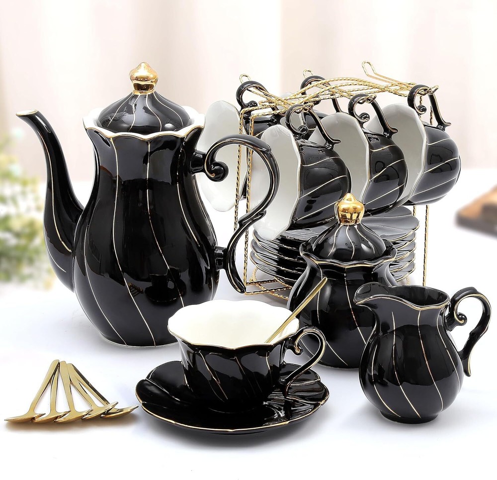 Luxury 6-Person Porcelain Tea Set with Gold Trim and Serving Stand
