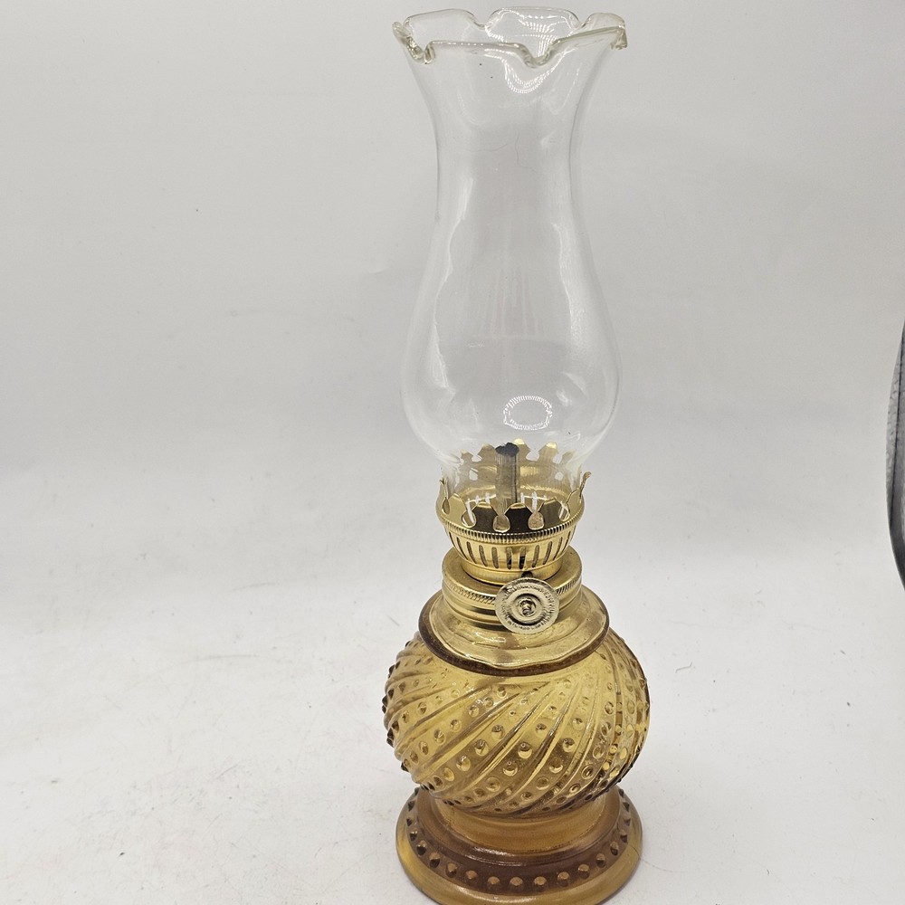 Enesco Oil Lamp Miniature Vintage Amber Base Glass