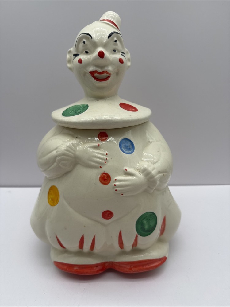 Vintage American Bisque Clown Polka Dot Cookie Jar USA