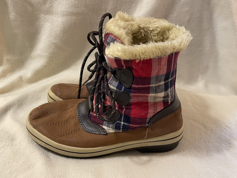 Women's Faux Fur Lined Plaid Winter Boots Size 9 Mid-calf/High Ankle Brown Suede