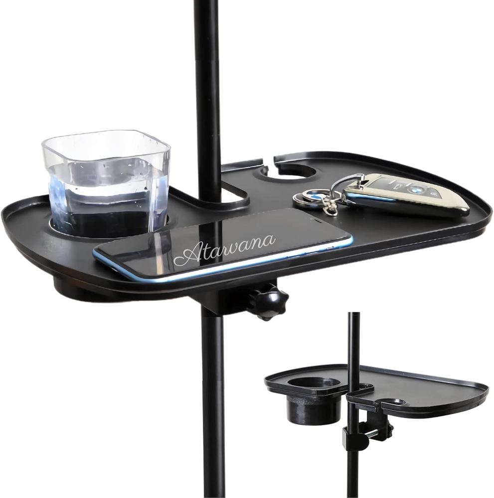 Universal Microphone Stand Tray with Drink Holder, Adjustable Mic Stand Clamp-On
