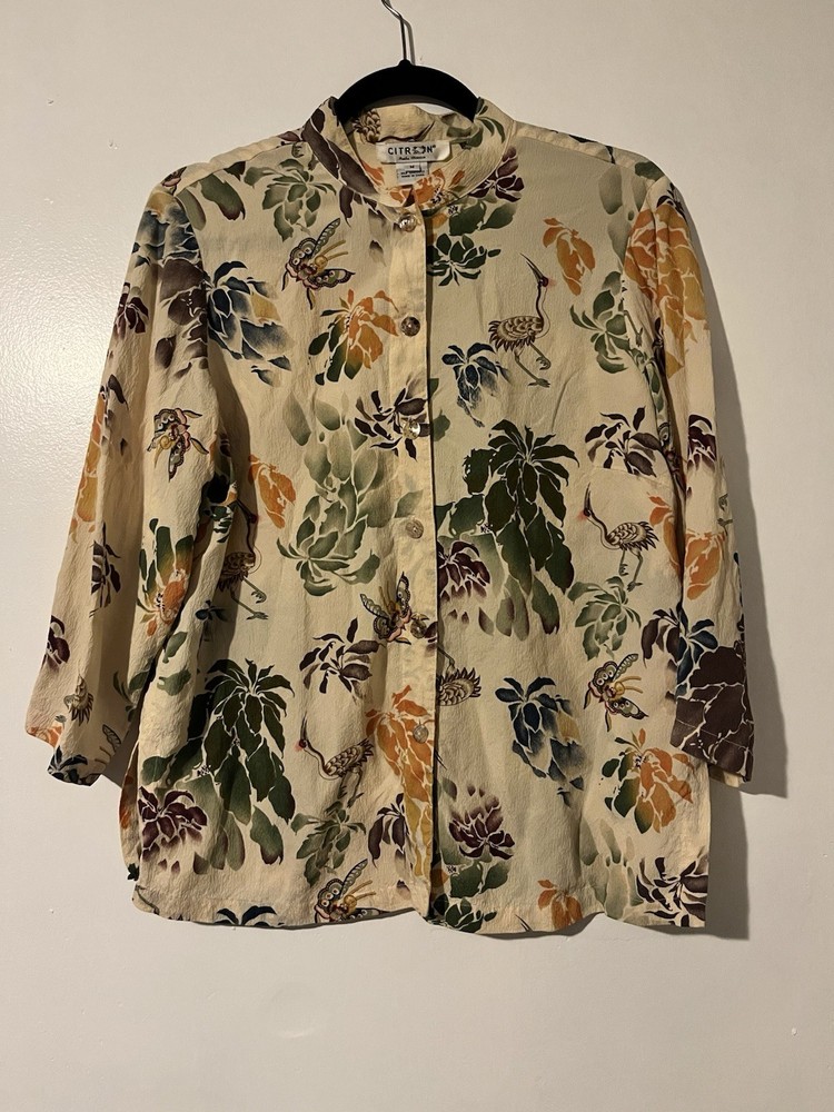 Vintage Citron Woman’s Silk Butterfly Bird Print Button Front Size Medium EUC