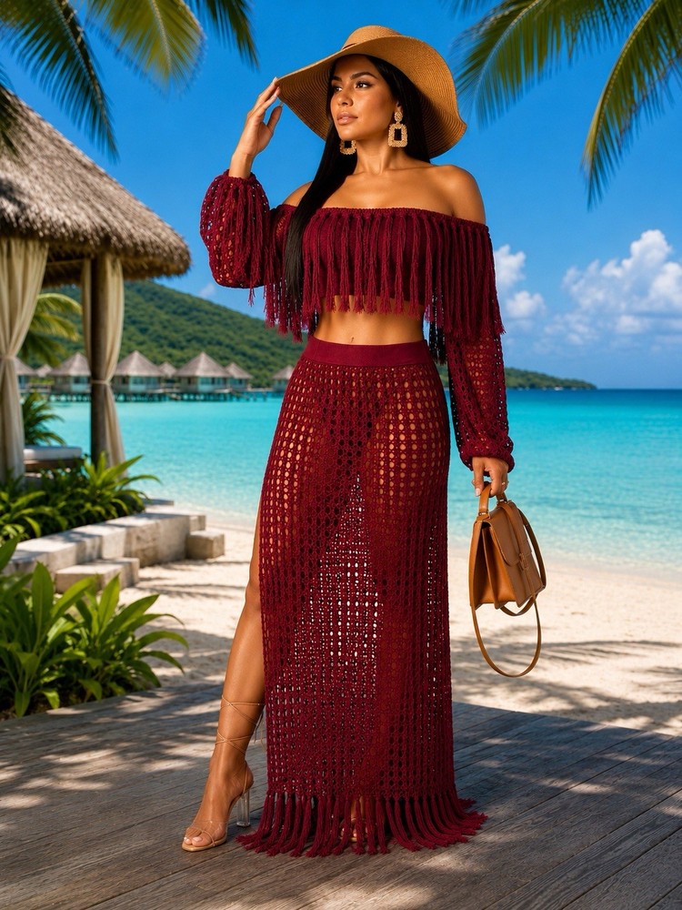 Burgundy 2 Piece Crochet Set Fringe Cover Up Maxi Skirt Luxe resort Party Vaca