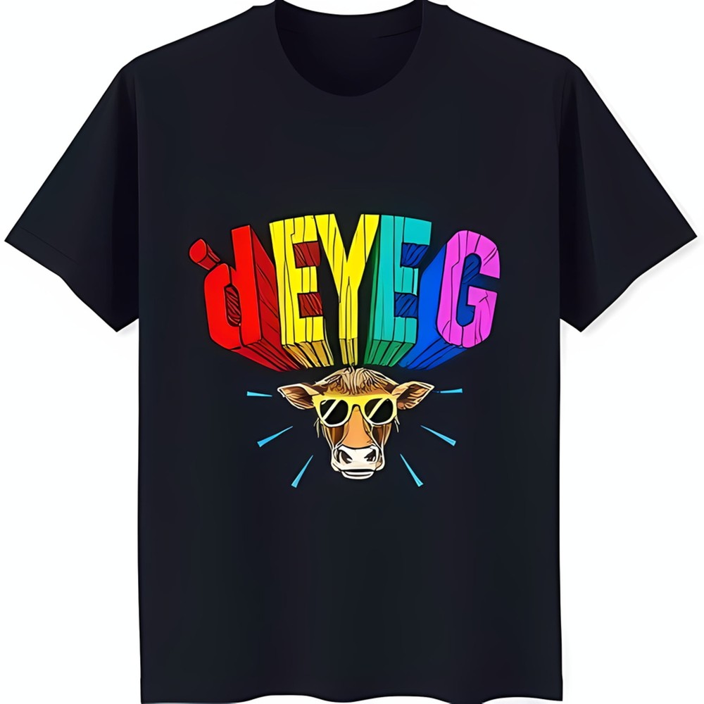 Playful Black T-Shirt with Rainbow 'DEYEC' Graphic & Cartoon Cow Design