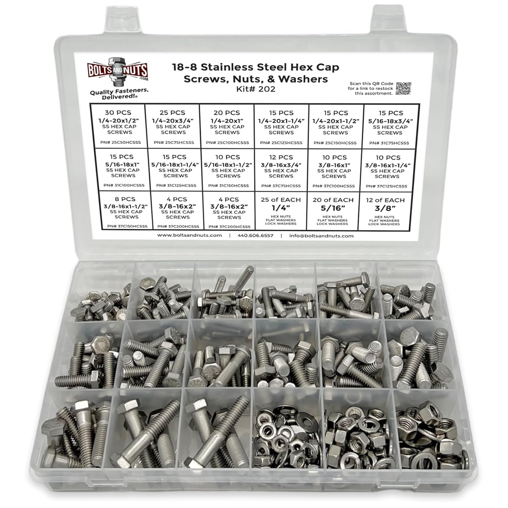 18-8 (304) Stainless Steel Hex Cap Screws Bolts Nuts Washers Assortment Kit - 3