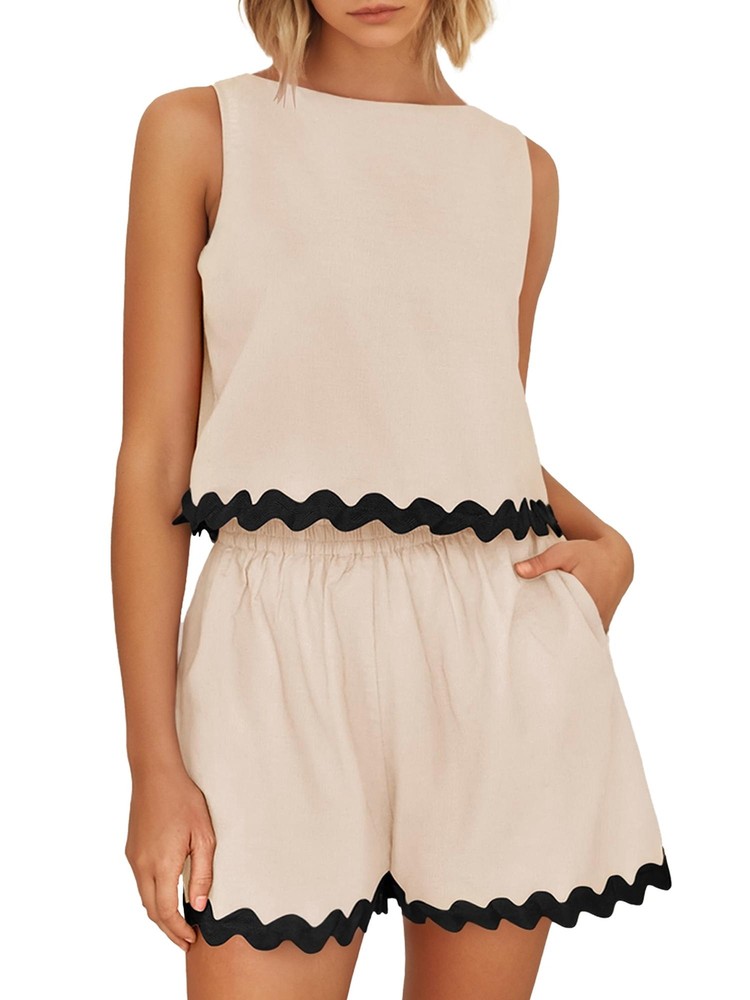 Women's 2 Piece Outfits Lace Trim Crew Neck Tank Crop Top and Shorts Sets