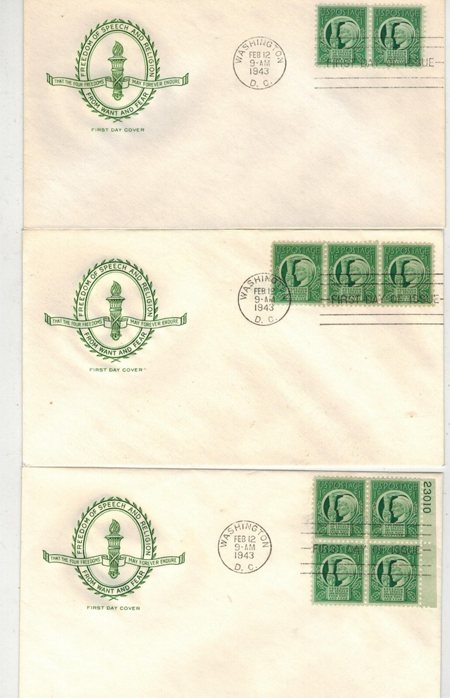 Patriotic Military FDC 908 The 4 Freedoms Farnam 3-Stamp Set & Plate Block  