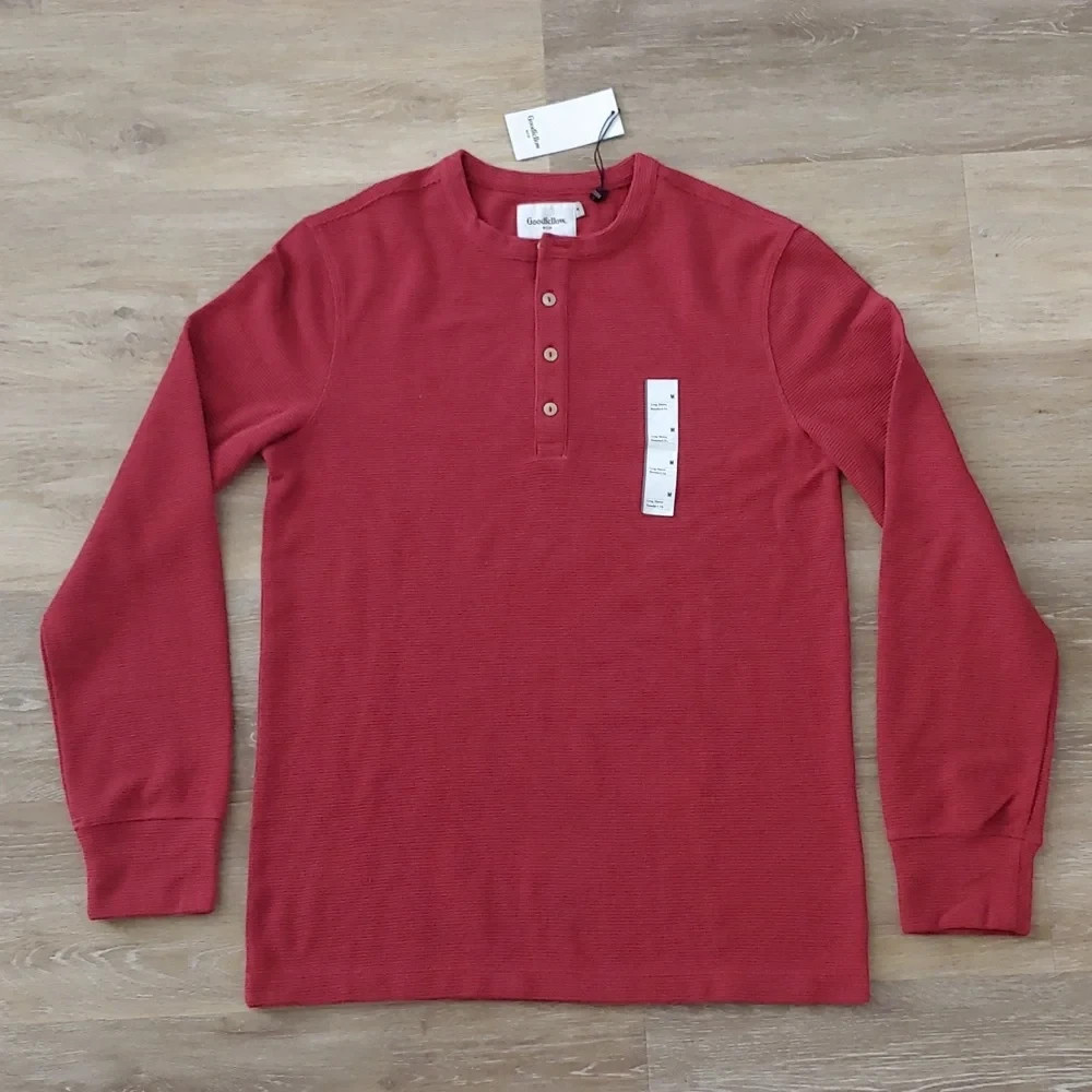 NWT Goodfellow & Co Men's Thermal Ribbed Henley Long Sleeve Shirt Red Size M