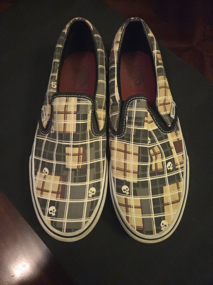 VANS Plaid Skull Slip-On Canvas Beige Black Men's Casual Shoes