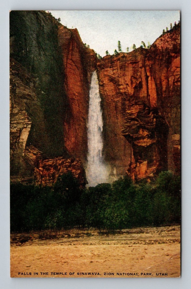 Zion National Park, UT-Utah, Temple of Sinawava Falls Sandstone Vintage Postcard