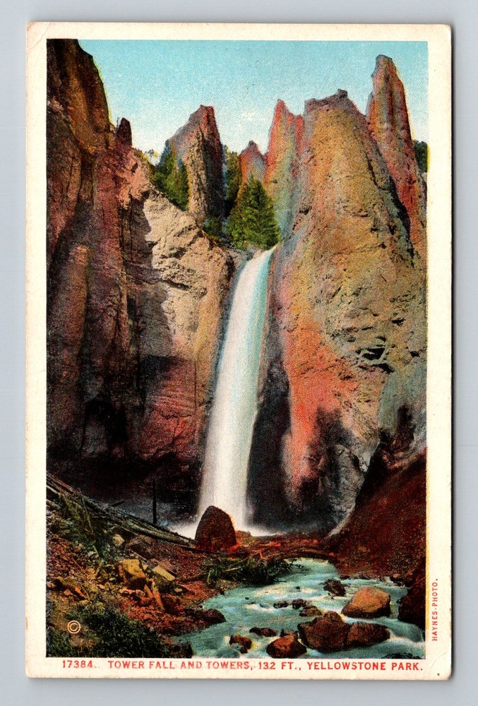 Yellowstone National Park, WY-Wyoming, Tower Fall Waterfall Vintage Postcard