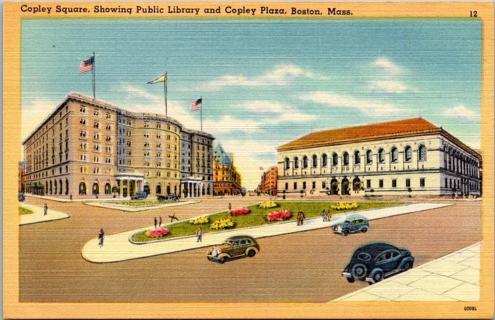 Vintage Copley Square Boston MA Linen Postcard Public Library Plaza Hotel Posted