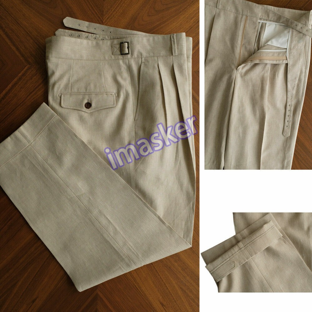 Retro Men's GURKHA Suit Pants Linen Thin Slacks Casual Trousers High Waist Loose