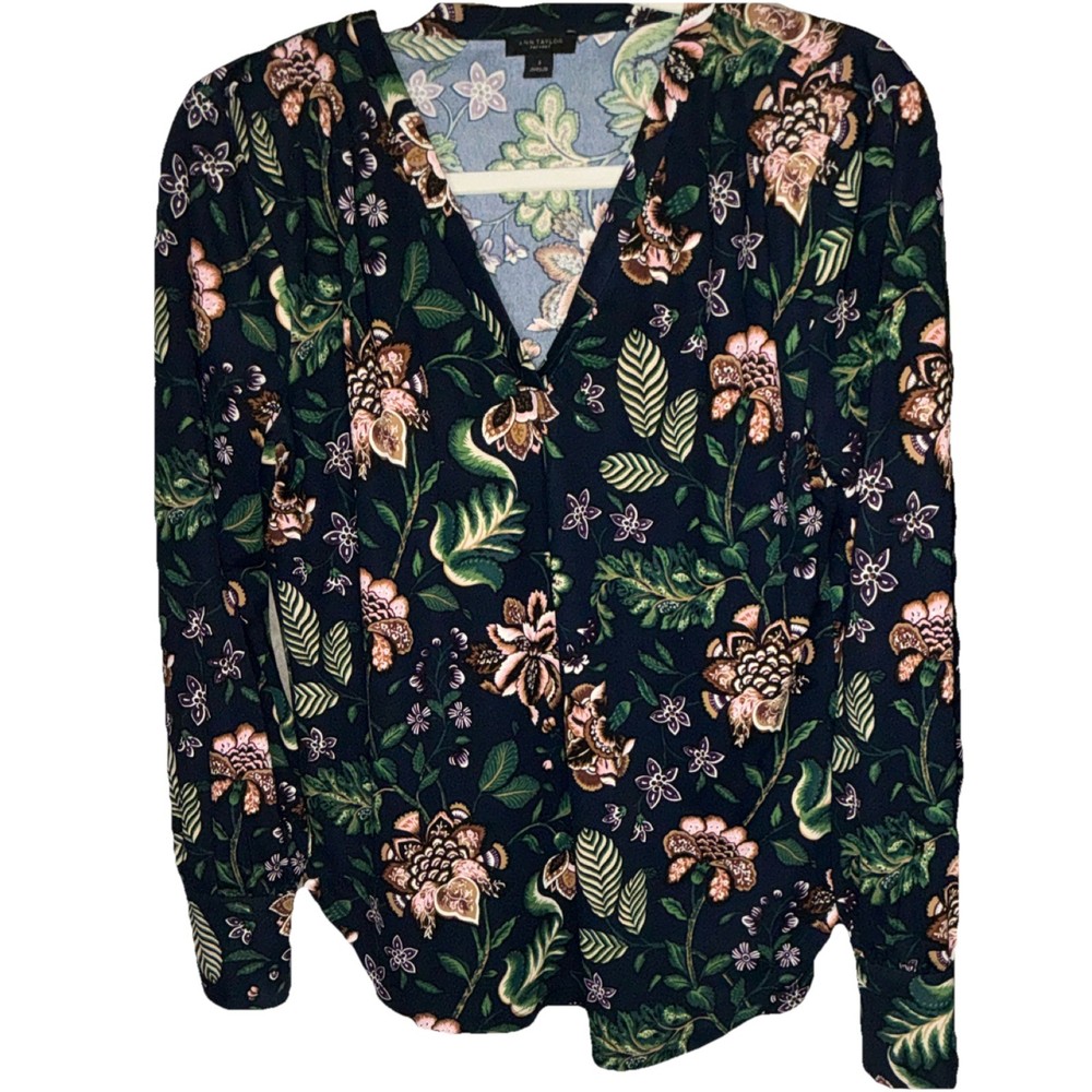 Ann Taylor Factory Floral V-Neck Long Sleeve Blouse Navy Green Pink White Size S