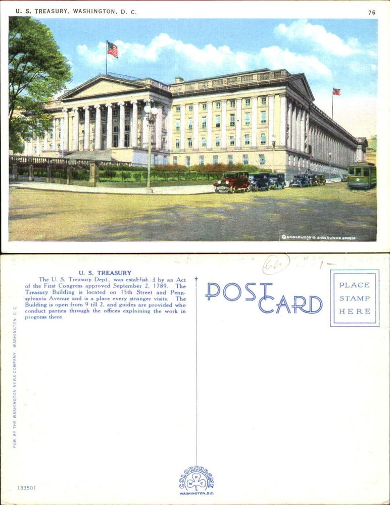 US Treasury Building Washington DC 1930s vintage postcard
