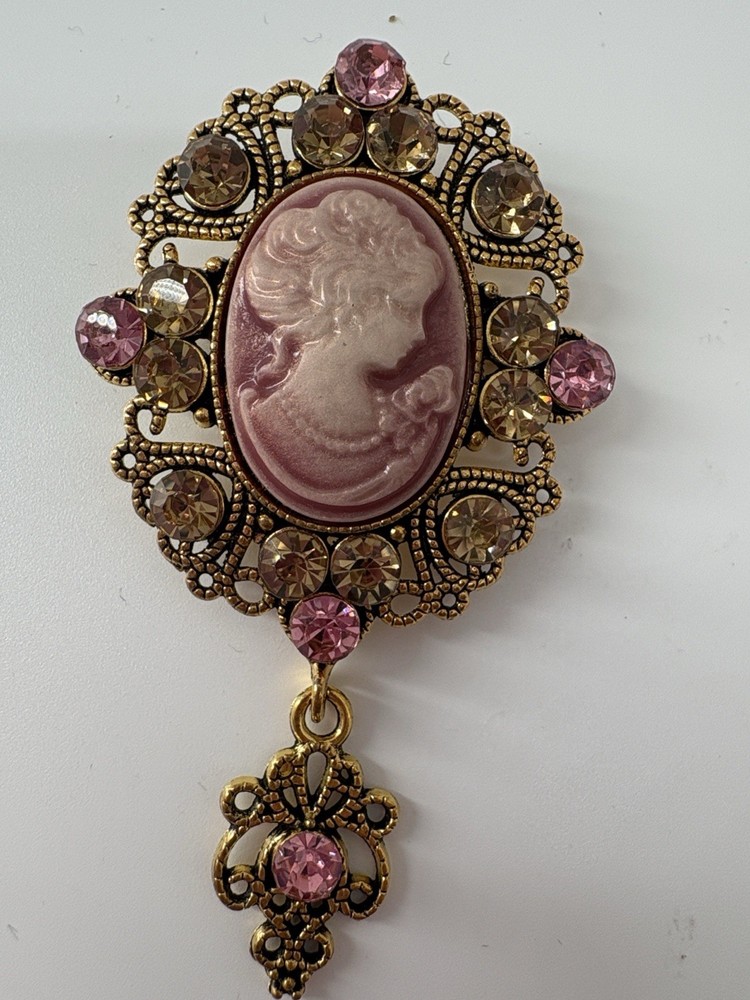 Pink Cameo Style Rhinestone Brooch Gold Tone Victorian Lady Dangle Pin